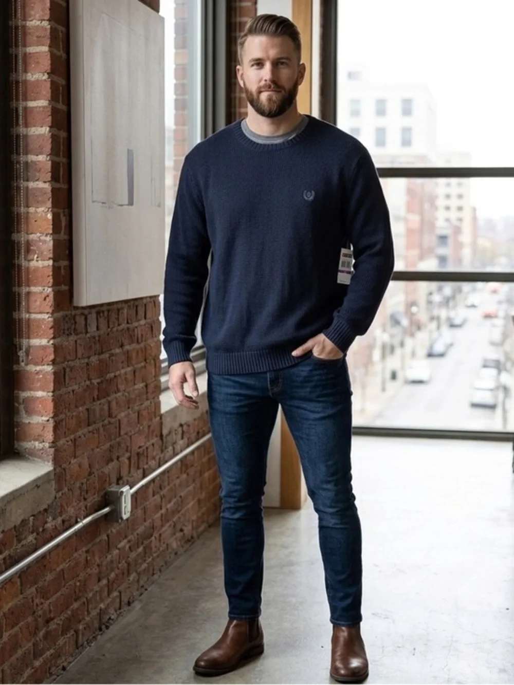 NWT Chap’s Men’s Logo Sweater XXL Navy Blue Cotton Knit Crewneck Pullover 2XL